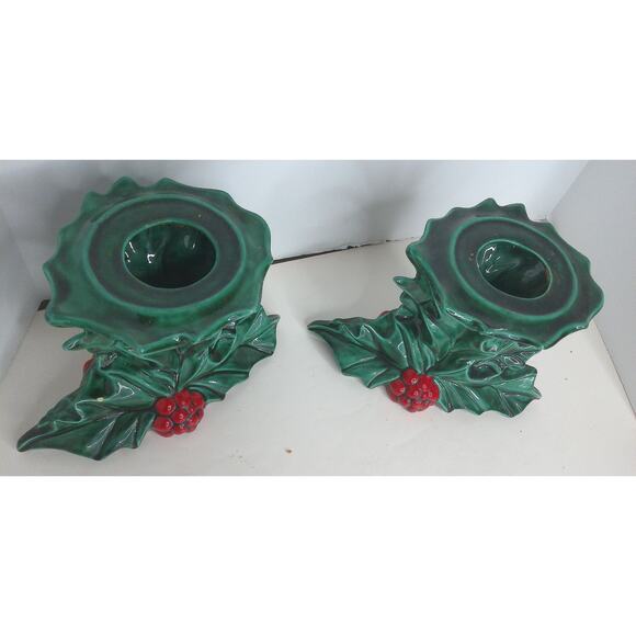 Vintage Ceramic Ivy Berry Christmas Candle Holders Set of 2 READ - Picture 7 of 8